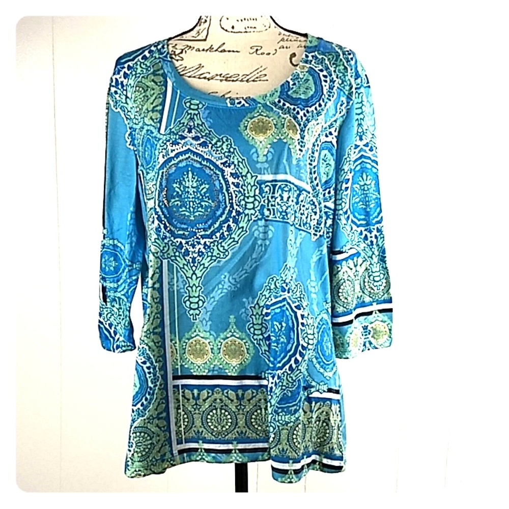 Tunic Top Colorful Blues Greens Pattern Plus XXL